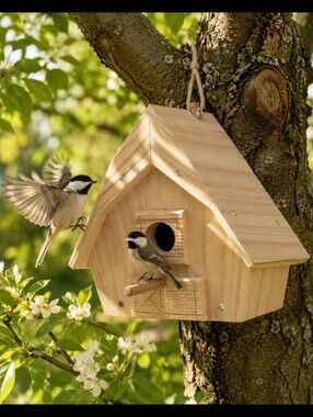 Natural Wood Bird House for Backyard Birds - Beige